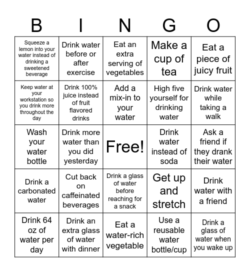 Hydration Bingo Card