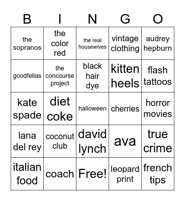 Amber's Favorite Things Bingo Card