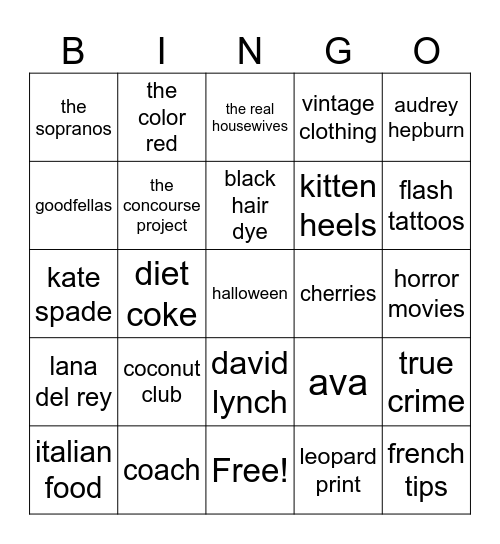 Amber's Favorite Things Bingo Card