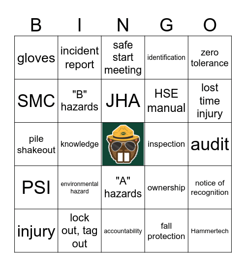 Bidwell's Safety Bingo Card