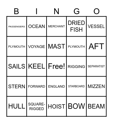 MAYFLOWER Bingo Card