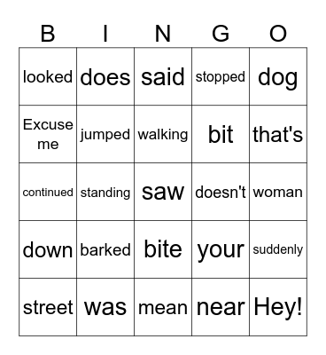 The Dog Bite: Vocabulary Bingo Card