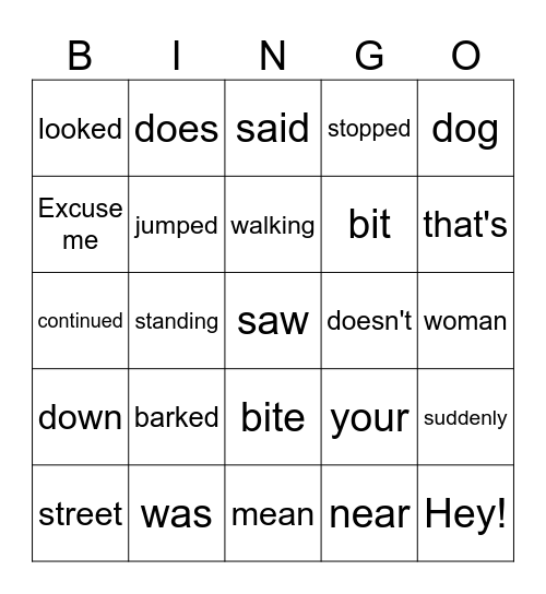 The Dog Bite: Vocabulary Bingo Card