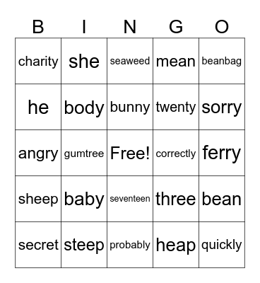 EE Words Bingo Card