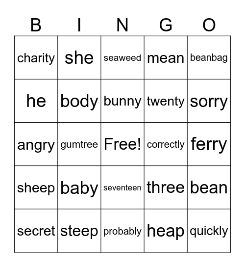 EE Words Bingo Card