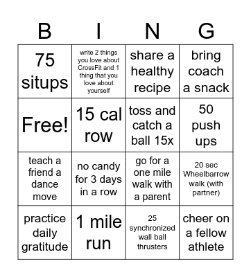 Kids CrossFit Bigo Bingo Card