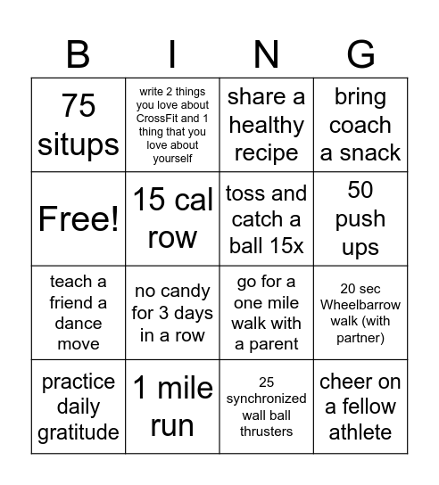 Kids CrossFit Bigo Bingo Card
