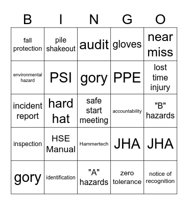 Bidwell's Safety Bingo Card
