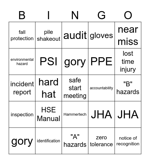 Bidwell's Safety Bingo Card