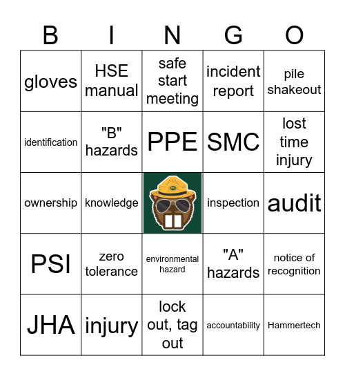 Bidwell's Safety Bingo Card