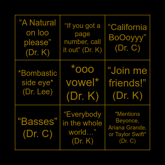 Choir Banquet Bingo Card