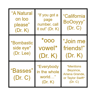 Choir Banquet Bingo Card