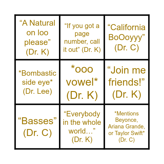 Choir Banquet Bingo Card