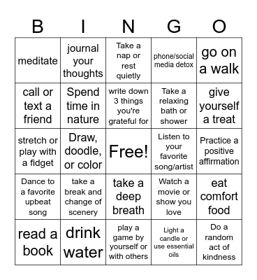 Self Care Bingo Card