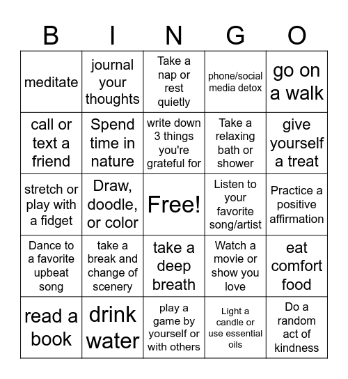 Self Care Bingo Card