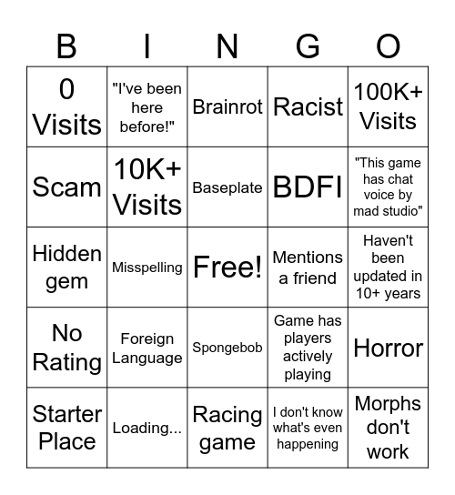 Random Roblox Games Bingo Card