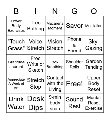 Self-Care Bingo Card