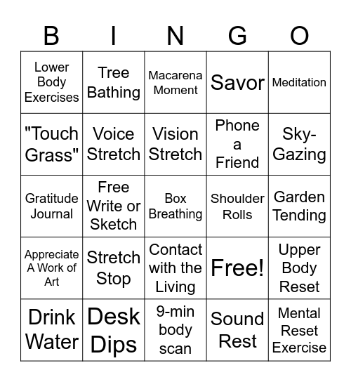 Self-Care Bingo Card