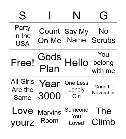 SINGO Bingo Card
