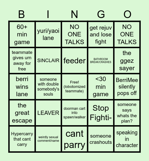 Deadlock Bingo Card