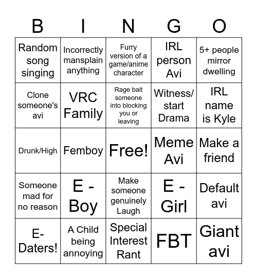 VRCHAT Bingo Card