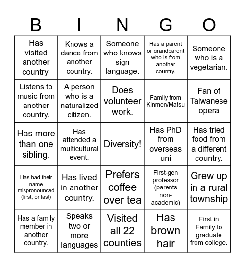 Multicultural Bingo Card