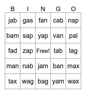Short a CVC Word BINGO Card