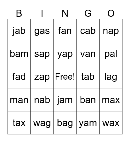 Short a CVC Word BINGO Card