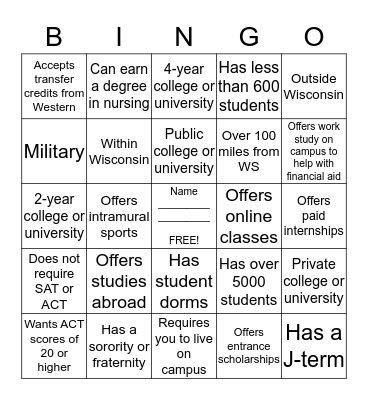 WSHS College Fair Bingo Card