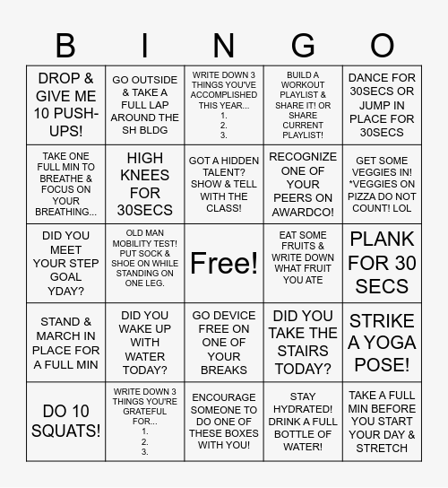 BE WELL BINGO Card