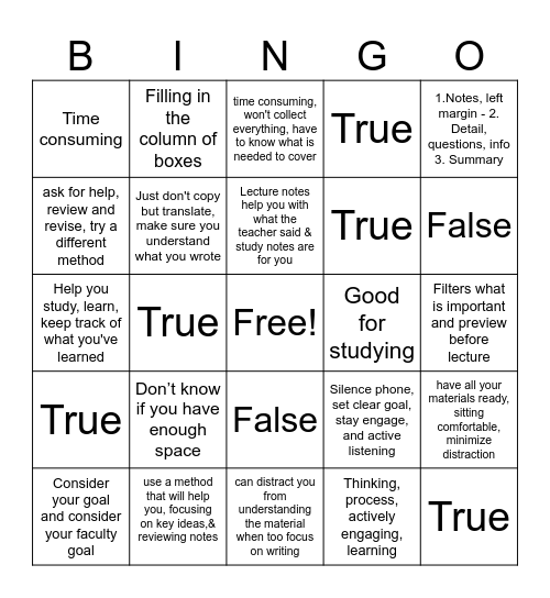 Note Taking Bingo Card