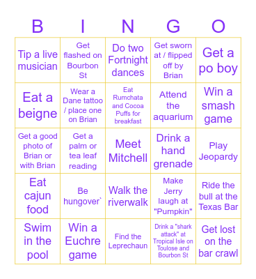 Brian's Bachelor Party Bingo Card