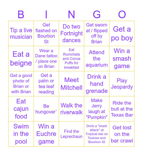 Brian's Bachelor Party Bingo Card