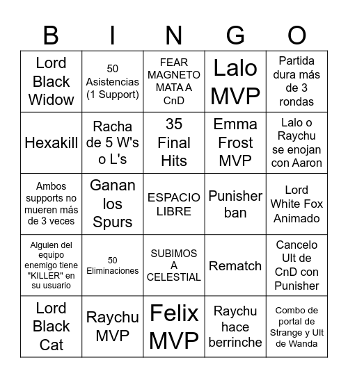 RIVALS BINGO (NIVEL: IMPOSIBLE) Bingo Card