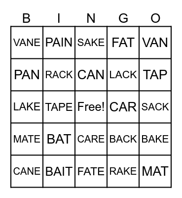 SHORT AND LONG A SOUNDS Bingo Card