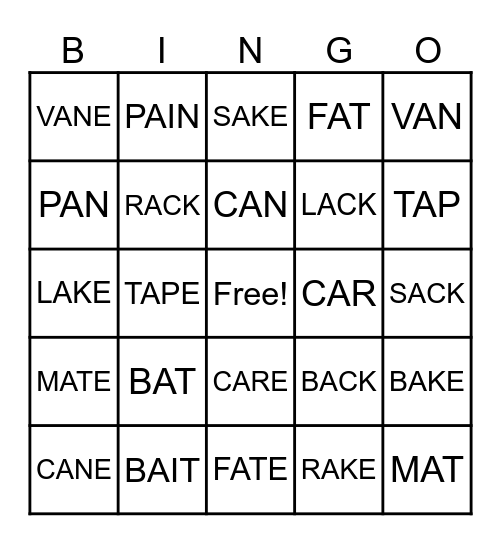 SHORT AND LONG A SOUNDS Bingo Card