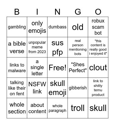 YouTube bot comment bingo Card