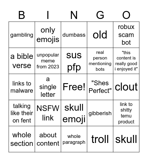 YouTube bot comment bingo Card