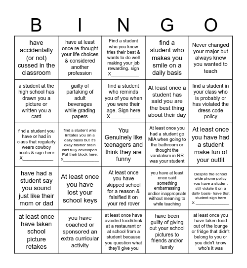 Teacher Appreciation Bingo Card