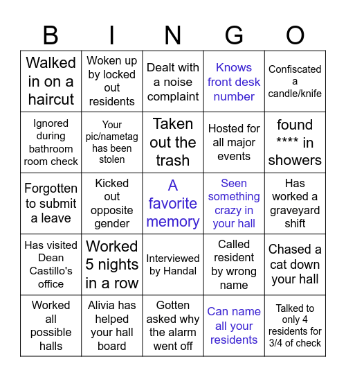 Res Life Bingo Card
