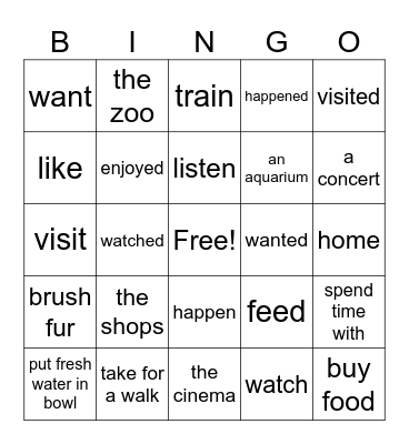 present/past verbs and animal care Bingo Card