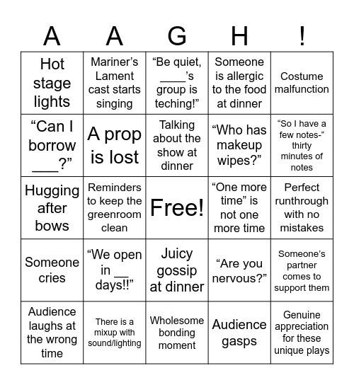 Tech/Performance Week Bingo Card