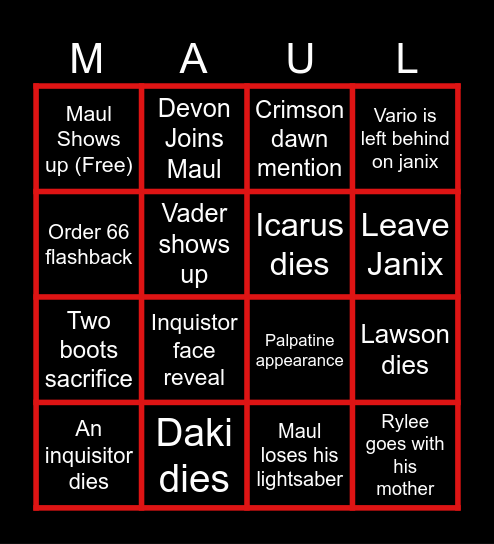 Maul: Shadow Lord Final predictions Bingo Card
