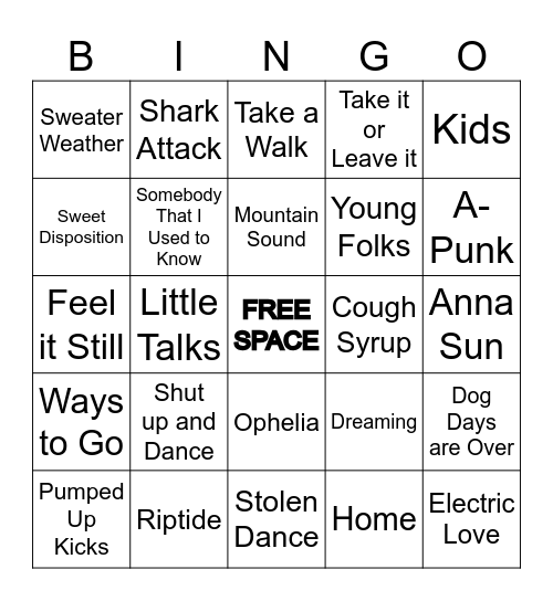 Music Bingo: 2010s Indie Bingo Card