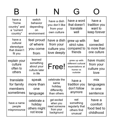 Culture Bingo Card