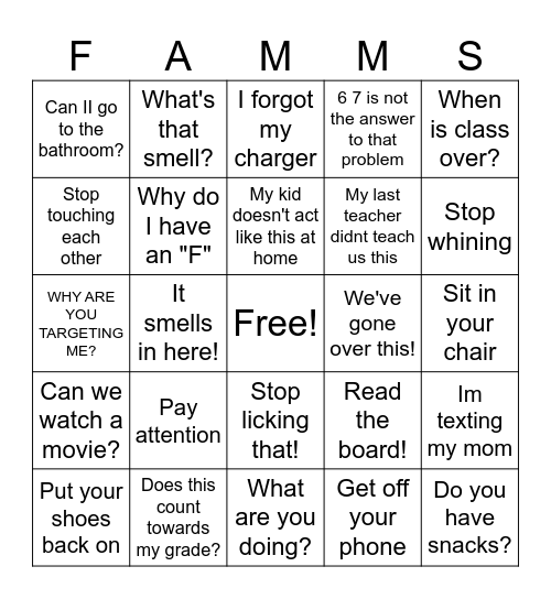 Phrases Teachers hear or say Bingo Card