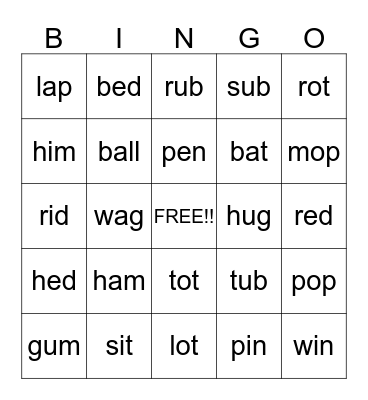 Consonant-Vowel-Consonant  Bingo Card