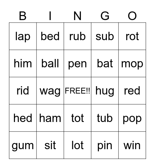 Consonant-Vowel-Consonant  Bingo Card