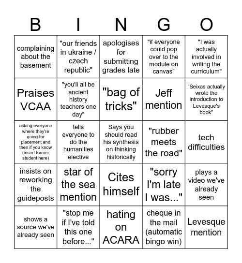 John Whitehouse Bingo Card