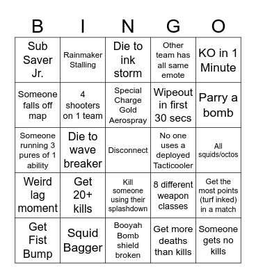 Splatoon 3 Bingo Card